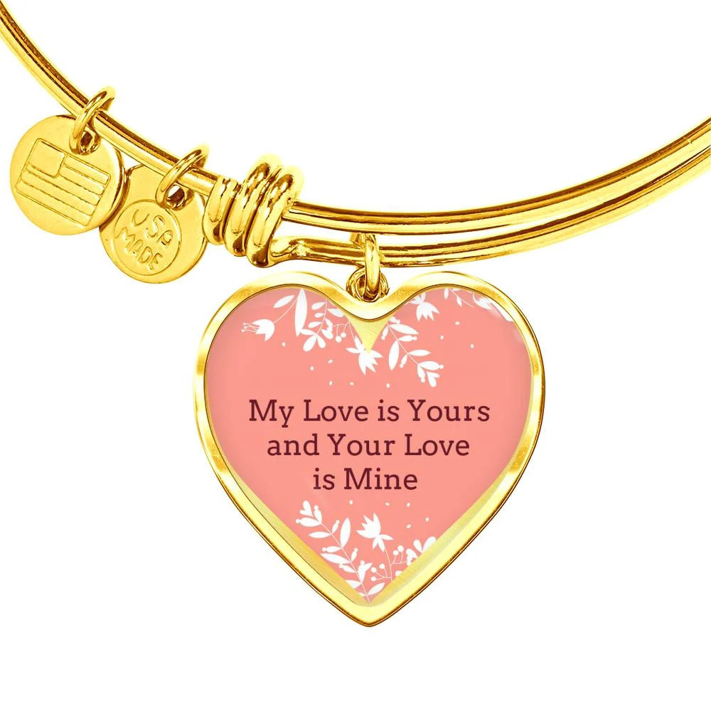 My Love is Yours Pink Personalized Engraved Gold Heart Bangle Bracelet Custom